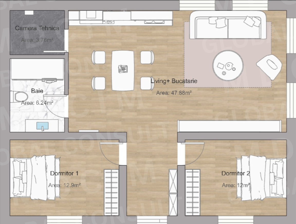 Plan parter mobilat – casa fara etaj 82 mp cu living, 2 dormitoare, baie, camera tehnica